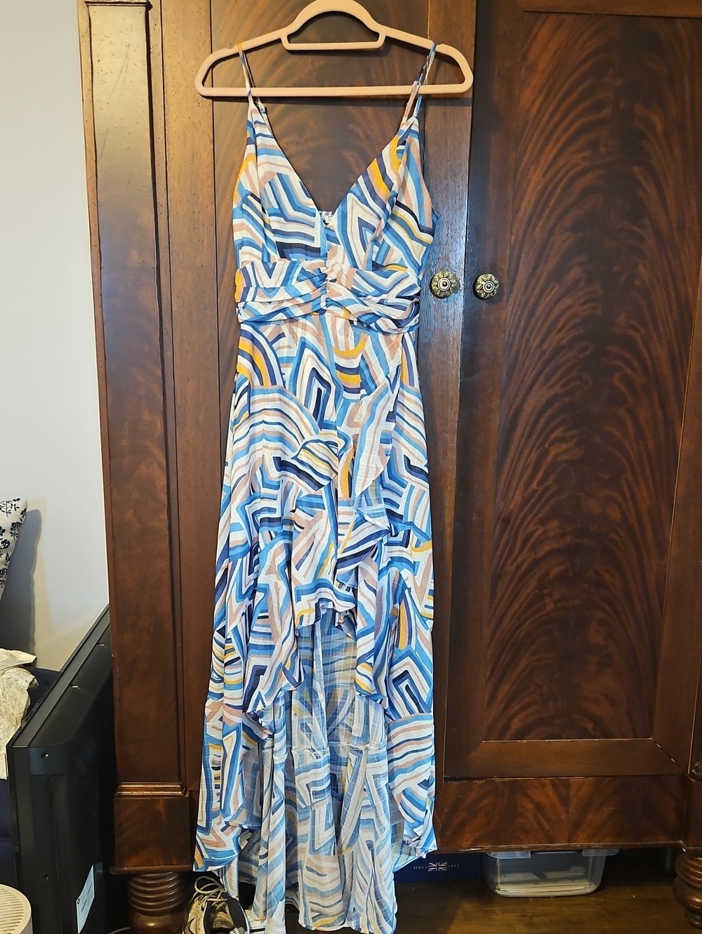 Fashion Nova Strappy High-Low Maxi Dress in Blue & Cream with Yellow Accents